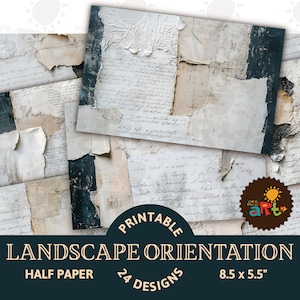 Scraps mit unleserlicher Schrift Collage druckbares Junk-Journal horizontal zur Hälfte, Digital Kit Handwerk Buchherstellung Scrapbook Hintergrund