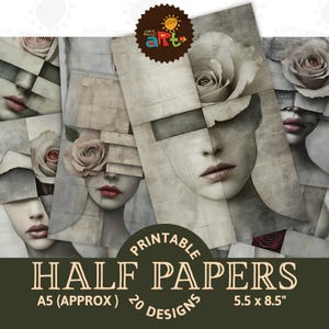 Half vrouw half roos surrealistisch collage portret afdrukbare ongewenste dagboekpagina half papier digitaal plakboek ambachtelijke mixed media kaart decoupage
