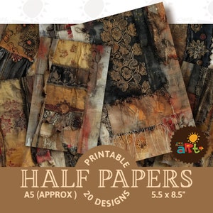 Diário de lixo para impressão meio papel, vários tecidos costura colagem scrapbook, kit de itens digitais, cartão, livro, plano de fundo, artesanato, ATC