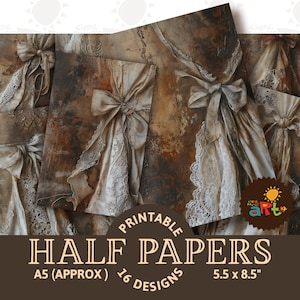 Gebundene Spitze und Schleife auf Bronze Hintergrund Collage Printable Junk Journal Papiere, Sammelalbum, Digital Kit, Karten, Handwerk, Buch, Montage