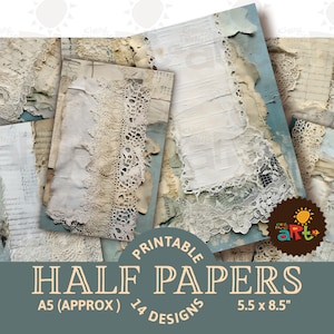 Lace and Papers Blue Collage Printable Junk Journal Metade de papéis para fazer livros, artesanato, cartões e scrapbooking Kit digital, Ephemera