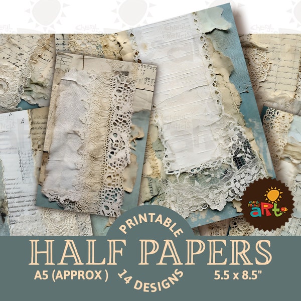 Lace and Papers Blue Collage Printable Junk Journal Half Papers for Book Making, Crafting, Cards and Scrapbooking Digital Kit, Ephemera