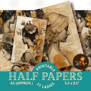 Portrait de dame automne collage imprimable indésirable journal demi-papiers, scrapbooking floral et textile décoratif, carte, artisanat, livre retouché