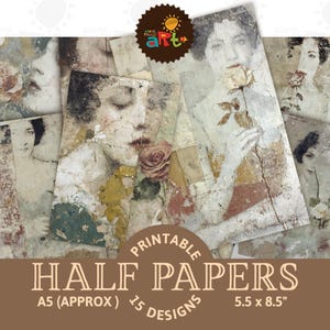 Lady with Rose Rustic Distress Collage Printable Junk Journal Half Paper Decorative Scrapbook Digital Book Page Background Decoupage Craft