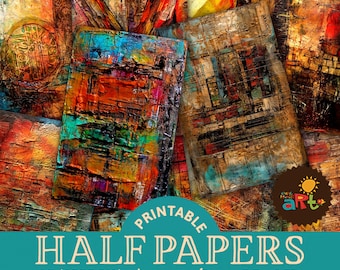 Puede incluir: Un conjunto de 15 papeles digitales imprimibles con arte abstracto en colores cálidos, incluyendo rojo, naranja, amarillo y marrón. Los papeles son de tamaño A5 aproximado (14 cm x 21,5 cm) y son perfectos para scrapbooking, creación de tarjetas y otros proyectos de manualidades.