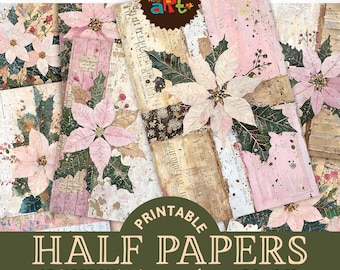 May include: Printable digital paper pack with 20 designs featuring pink poinsettia flowers, leaves, and vintage-style patterns. The papers are approximately A5 size (5.5 x 8.5 inches).