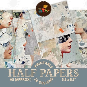 Witte kunstcollage Mixed Media Profiel Afdrukbaar ongewenste dagboek Half papier plakboek Digitale kit boek Stof achtergrond Decoupage Ambachtelijke collage