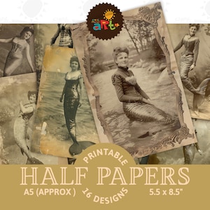 Ritratto in studio di sirena antica stampabile, diario di scarto, sfondo di mezza carta, album di ritagli, carta artigianale, decoupage, libro, pagina, gioielli, uso commerciale