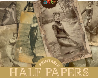Retrato de estudio de sirena antigua, imprimible, para diario basura, medio papel, fondo, álbum de recortes, manualidades, tarjetas, decoupage, página de libro, joyería, uso comercial