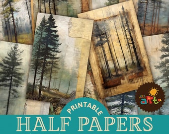 May include: Twelve printable digital papers featuring a forest scene with tall trees in shades of brown, green, and yellow. The papers are approximately A5 size (5.5 x 8.5 inches).