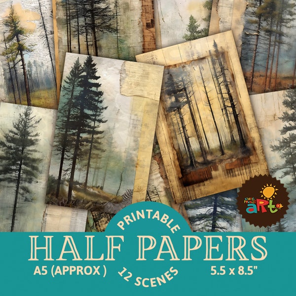 Pine Forest on Scrap Ephemera Printable Junk Journal Half Papers, Mountain Theme, Adventure Page for Crafting and Book Making, Nature