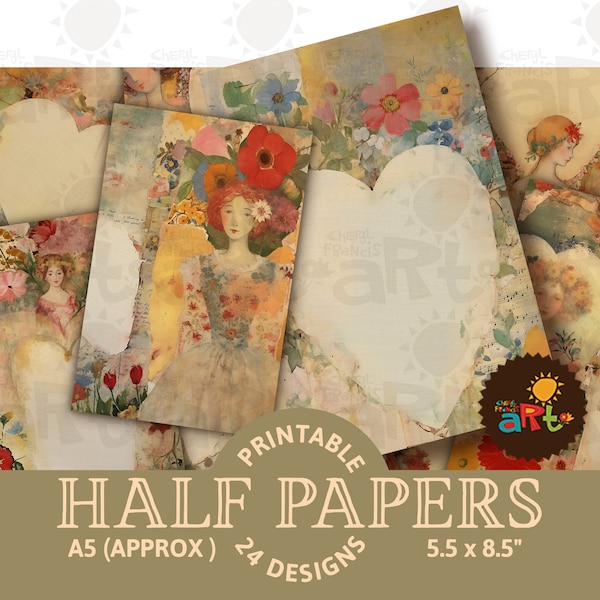Junk Journal Half Papers, Scrappy Valentine Printable Collage, Scrapbook, Digital Ephemera Kit, Cards, Book Pages, Background, Floral, Decor