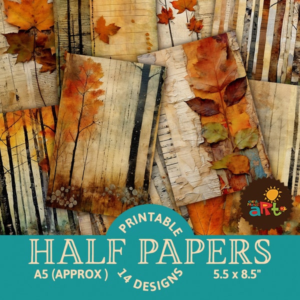 Autumn Leaf Collage Printable Junk Journal Half Papers, Fall Scrapbook Supply, Card, Book Making Resource