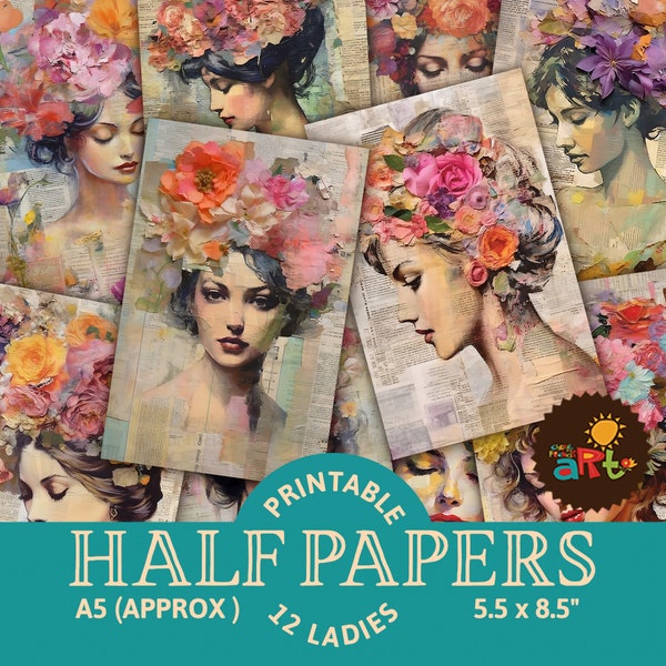 Floral Headdress Lady Portrait Printable Junk Journal Half Papers, Scrapbook Resource