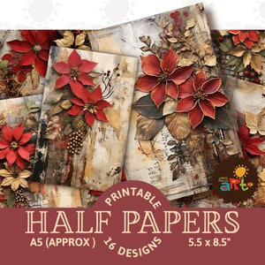 Poinsettias rouges avec collage de Noël or journal indésirable imprimable demi-papiers, album de ressources, kit de papier numérique, carte, travaux manuels, livre
