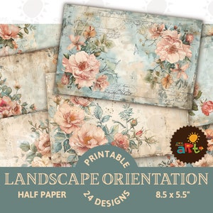 Demi-papier horizontal à motif floral shabby chic et bleu et crème, kit numérique, livre, création de cartes, créations manuelles, scrapbooking, découpage