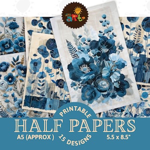 Diario di fiori selvatici blu su lino, stampabile, mezza carta, acquerello, album, carta digitale, libro di artigianato, pagina, gioielli, decoupage, effimero