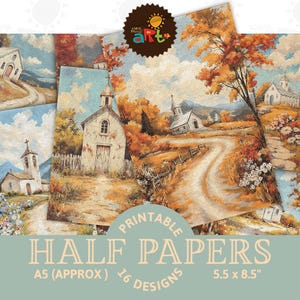 Schilderen op nummerstijl landelijke kerk ongewenste dagboek half papier afdrukbare achtergrond plakboek ambachtelijke kaart decoupage boek pagina-indeling digitale kit