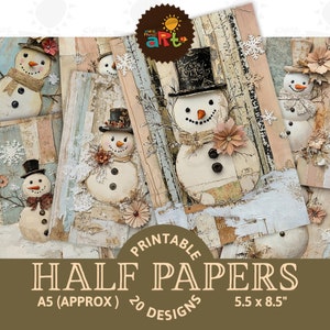 Shabby Chic Sneeuwpop Winter Art Craft Afdrukbare Collage Junk Journal Half Papers Scrapbook Digitale Papier Kit Kaart Boek Achtergrond Decoupage