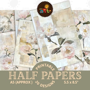 Pallido rosa fiore sbocciare su effimero Junk Journal mezza pagina stampabile collage scrapbook kit digitale libro sfondo artigianato carta ATC decoupage