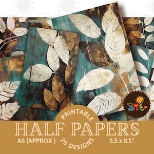 Geschilderde bladeren, collage van groenblauw en brons afdrukbare halve papieren kranten, plakboek, digitale papierkit, bloemenkaarten, boek