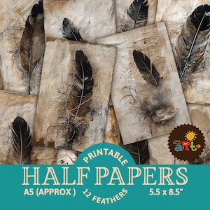 Dark Feather Mixed Media Junk Journal Afdrukbare halve papieren, tijdschrift plakboekvoorraad