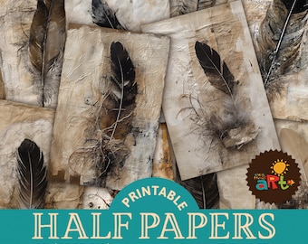 Dark Feather Mixed Media Junk Journal Printable Half Papers, Journal Scrapbook Supply