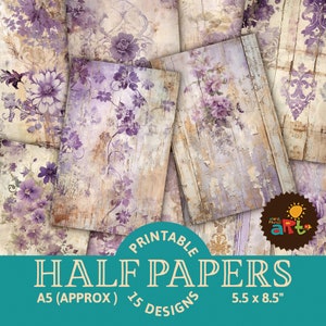 Papeles imprimibles de diario basura con diseño floral en tonos morados desgastados