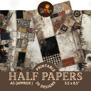 Puede incluir: Papeles de media hoja imprimibles con un diseño de collage. Los papeles presentan una mezcla de patrones, incluyendo cuadros, elementos florales y abstractos, en una paleta de negro, blanco y marrón. El texto en la imagen dice "PAPELES DE MEDIA HOJA IMPRIMIBLES A5 (APROX.) 30 DISEÑOS 14 x 21,6 cm".