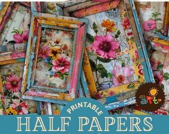 May include: Twelve printable digital papers featuring floral designs in vintage frames. The papers are approximately A5 size (5.5 x 8.5 inches) and are perfect for scrapbooking, card making, and other craft projects.