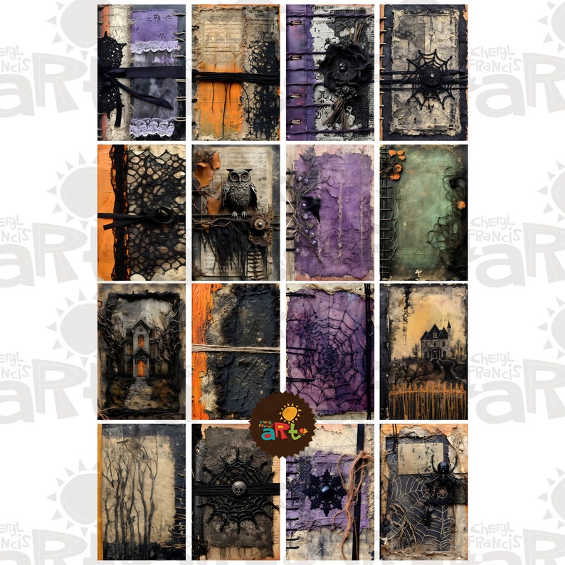 May include: Twelve vintage-style journals with Halloween themes. Each journal has a different design featuring cobwebs, spiders, skulls, and other spooky elements. The journals are bound in black and brown leather with a distressed look.
