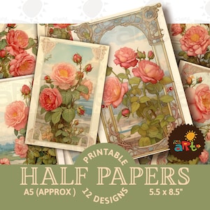 Illustrierte Seite Bordüre Rahmen mit Blumen Collage Printable Junk Journal Halb Papiere, Scrapbook, Viktorianisch, Handwerk, Karte, Decoupage und Buch