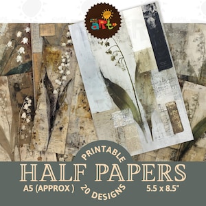 May include: A collection of printable half papers featuring 20 designs with lily of the valley illustrations, vintage script, and distressed textures in shades of brown, cream, and white. The papers are approximately 5.5 by 8.5 inches in size.