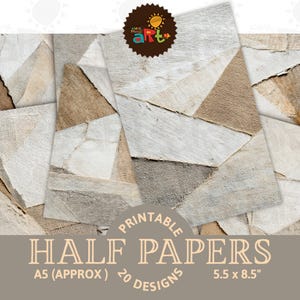 Könnte beinhalten: Eine Sammlung druckbarer Halb-Papiere mit einem geometrischen Design in Weiß-, Beige- und Brauntönen. Die Papiere sind im A5-Format, ca. 14 x 21,6 cm, mit 20 Designs. Der Text "PRINTABLE HALF PAPERS" ist enthalten.
