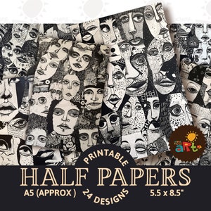 Multitud de caras abstractas divertidas, 24 hojas imprimibles para diario basura, kit digital decorativo para manualidades, creación de libros, álbumes de recortes, fondos