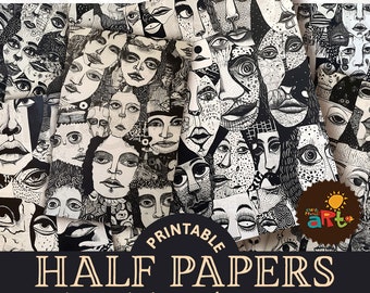 Menge von Spaß abstrakte Gesichter 24 druckbare Junk Journal halbe Papiere, dekoratives digitales Kit für Handwerk, Buchherstellung, Gästebuch, Hintergrund