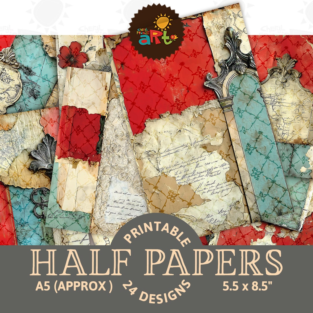 Collage With Red and Teal on Ephemera Junk Journal Half Paper Printable ...