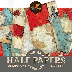 Collage mit Rot und Petrol auf Ephemera Junk Journal Halbes Papier druckbare Collage, Gästebuch, Digital Kit, Karte, Buch, Hintergrund Schmuck Kunst