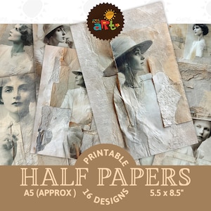 Portrait of Lady on White Collage Ephemera Junk Journal Halbes Papier Druckbarer Hintergrund Scrapbook Craft Card Decoupage Buch Page Digital