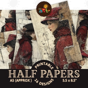 Ragazza con mantello rosso su collage effimero assemblato, stampabile, diario di scarto, mezza carta, album di ritagli rustico vittoriano, carta artigianale, libro di decoupage