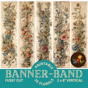 Verticale paginadecoratie met bloemenband, afdrukbaar papier voor tijdschriften, labels, plakboekvoorraad, kieskeurige snijstroken. Bladwijzer: