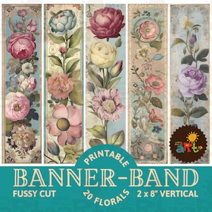 Decoración de página con banda floral vertical B, papeles imprimibles para diario basura, etiquetas, material para álbumes de recortes, tiras recortables. Marcador