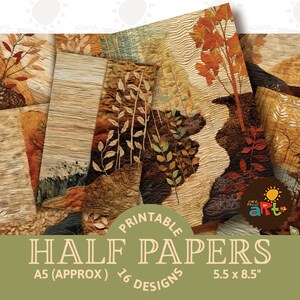 May include: Printable half papers with 16 designs featuring autumnal foliage and landscapes in warm brown, orange, and yellow tones. The papers are A5 size (approximately 5.5 x 8.5 inches).