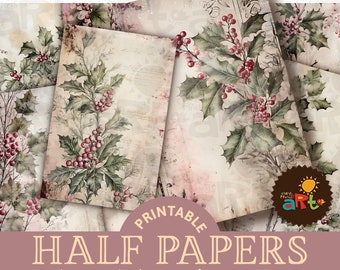 May include: Printable digital paper pack with 15 designs featuring a vintage style holly and berry pattern on a textured background. The papers are A5 size (approximately 5.5 x 8.5 inches).