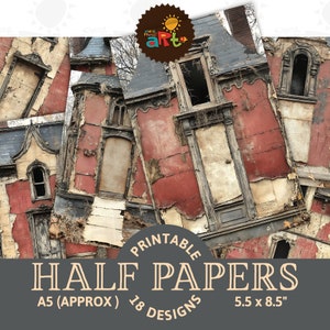 Fachada gótica de color rojo descolorido, efímera, técnica mixta, imprimible, diario basura, medio papel, fondo, álbum de recortes, manualidades, tarjetas, decoupage, libro, comercial