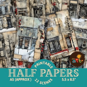 Spaziergang in der Kleinstadt bei Weihnachten Papier Collage Printable Junk Journal halbe Papiere, Scrapbook, Weihnachtsgrußkarte, Buchseite