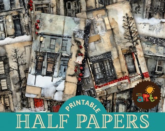 A Walk Around Small Town at Christmas Paper Collage Printable Junk Journal Half Papers, Scrapbook, Seasonal Greeting Card, Book Page