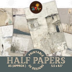 May include: A collection of printable half papers with abstract art designs. The papers feature a variety of neutral tones, including beige, gray, and white, with textured details. The papers are approximately 5.5 x 8.5 inches in size and include 30 designs.