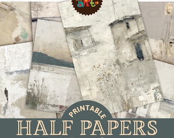 May include: A collection of printable half papers with abstract art designs. The papers feature a variety of neutral tones, including beige, gray, and white, with textured details. The papers are approximately 5.5 x 8.5 inches in size and include 30 designs.