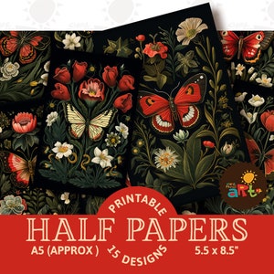 Design floral vermelho com colagem de borboletas aladas, mariposas, imprimíveis, meio papel de diário, scrapbook, cartão, artesanato, páginas de livros, decoupage